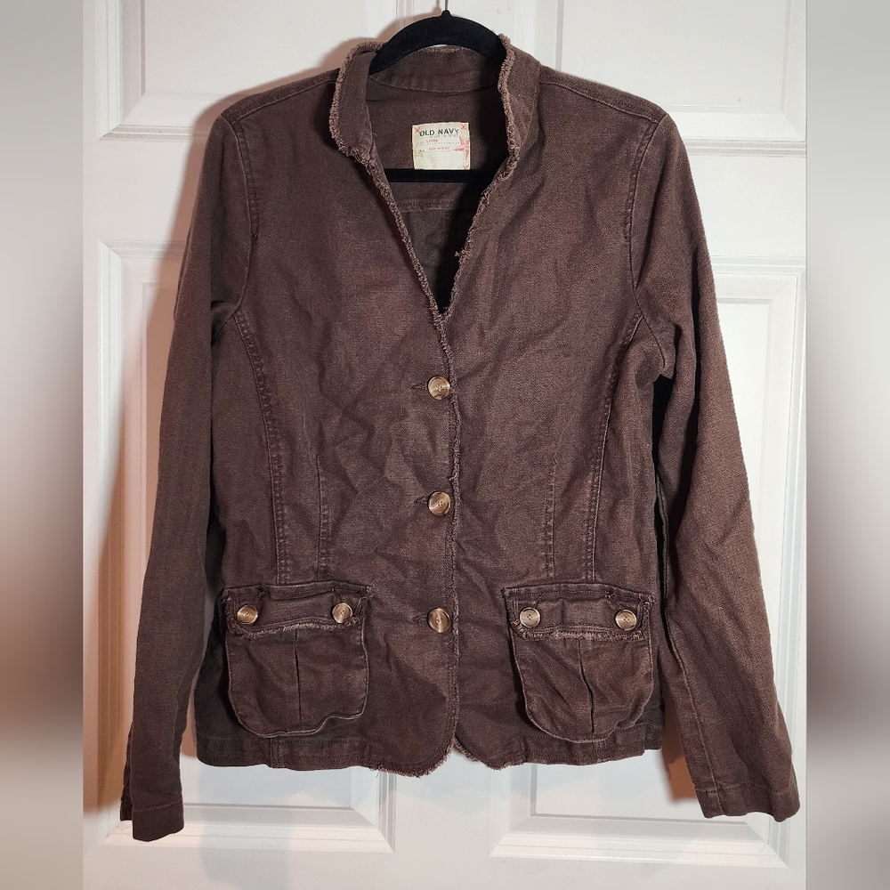 Old Navy Women's Brown Button-Front Linen Cotton Blend Jacket Large
